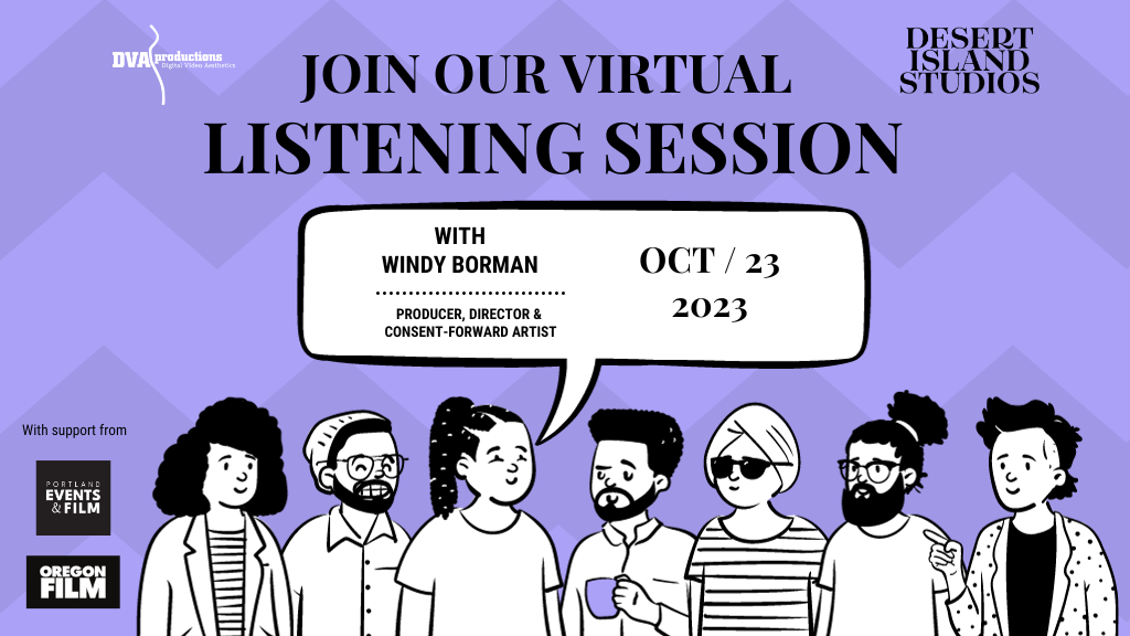 a group of people gather under a sign that reads Join Our Virtual Listening Session, Oct 23, 2023