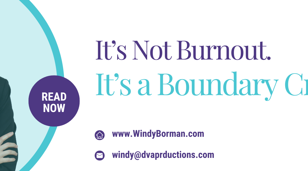 A woman in a tuxedo jacket smiles next to a title that reads: "It's Not Burnout. It's a Boundary Cross"
