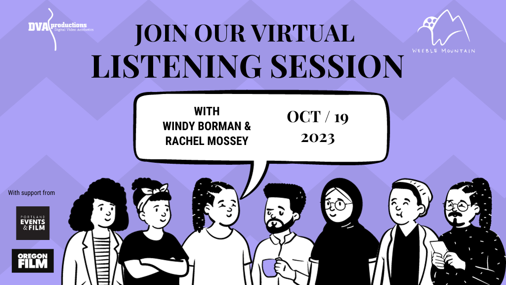A group of illustrated people gather around a speech bubble. It reads, Join our virtual listening session, with Windy Borman and Rachel Mossey, Oct 19, 2023.