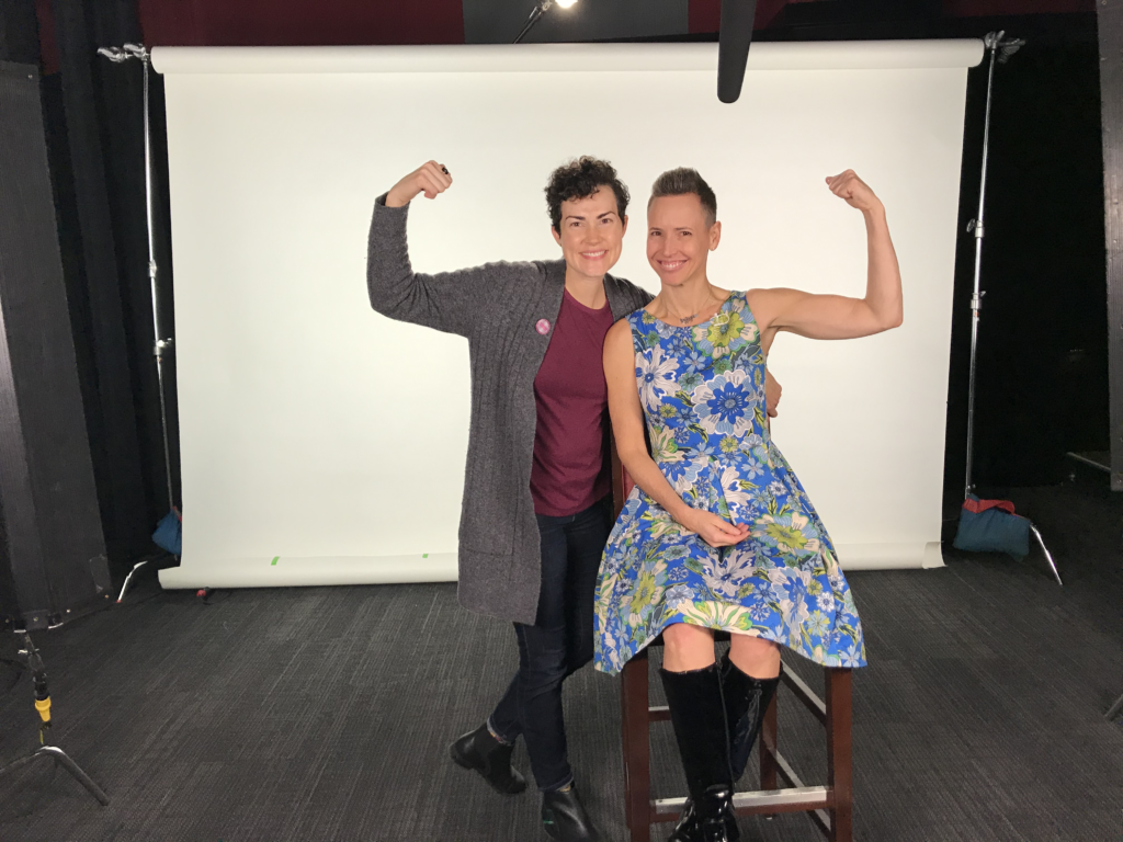 Director Windy Borman smiles with a happy client, Jennifer Whetzel, on the set of the Women in Cannabis Study video series.